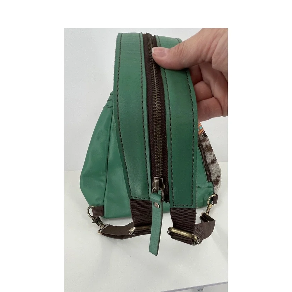 Ranch Boho Western Sling Backpack Green Leather Cowhide Turquoise Studded Boho
